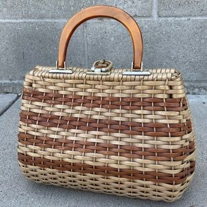 Vintage 1950s-1960s Tan & Brown Two-Tone Wicker Handbag
